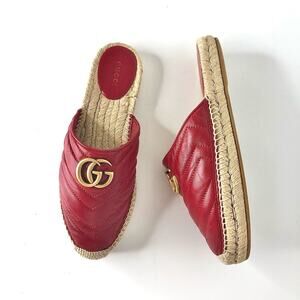 Gucci Marmont GG Hibiscus Red Leather Slip On Mules Espadrille Flats 37